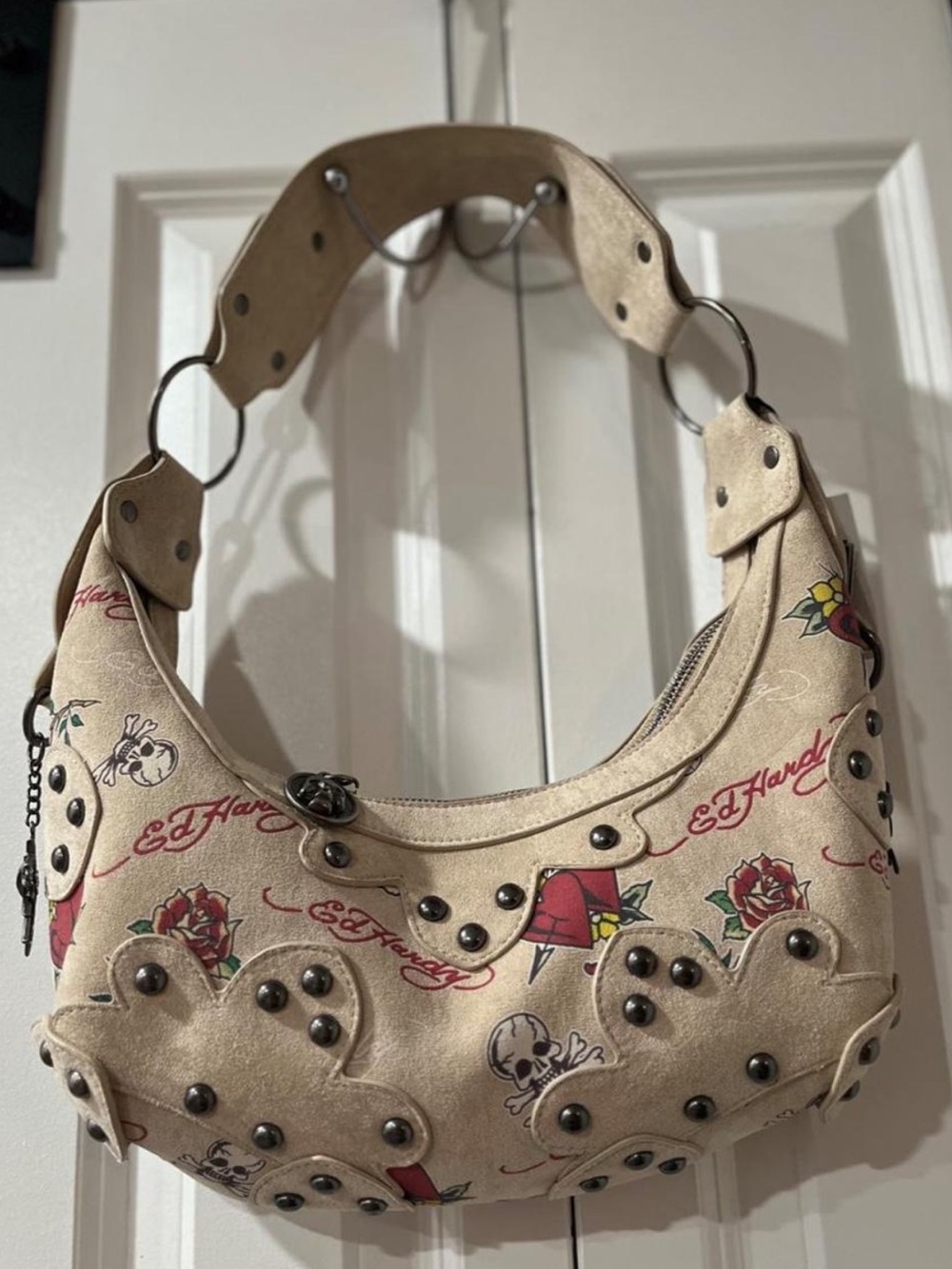 Ed Hardy Beige Tattoo-Print Studded Hobo Shoulder Bag